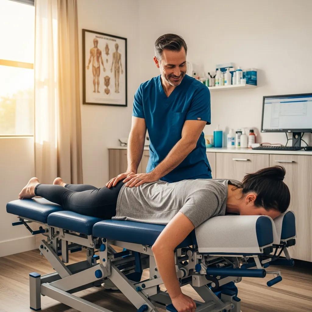 Chiropractor demonstrating spinal adjustment technique on a patient