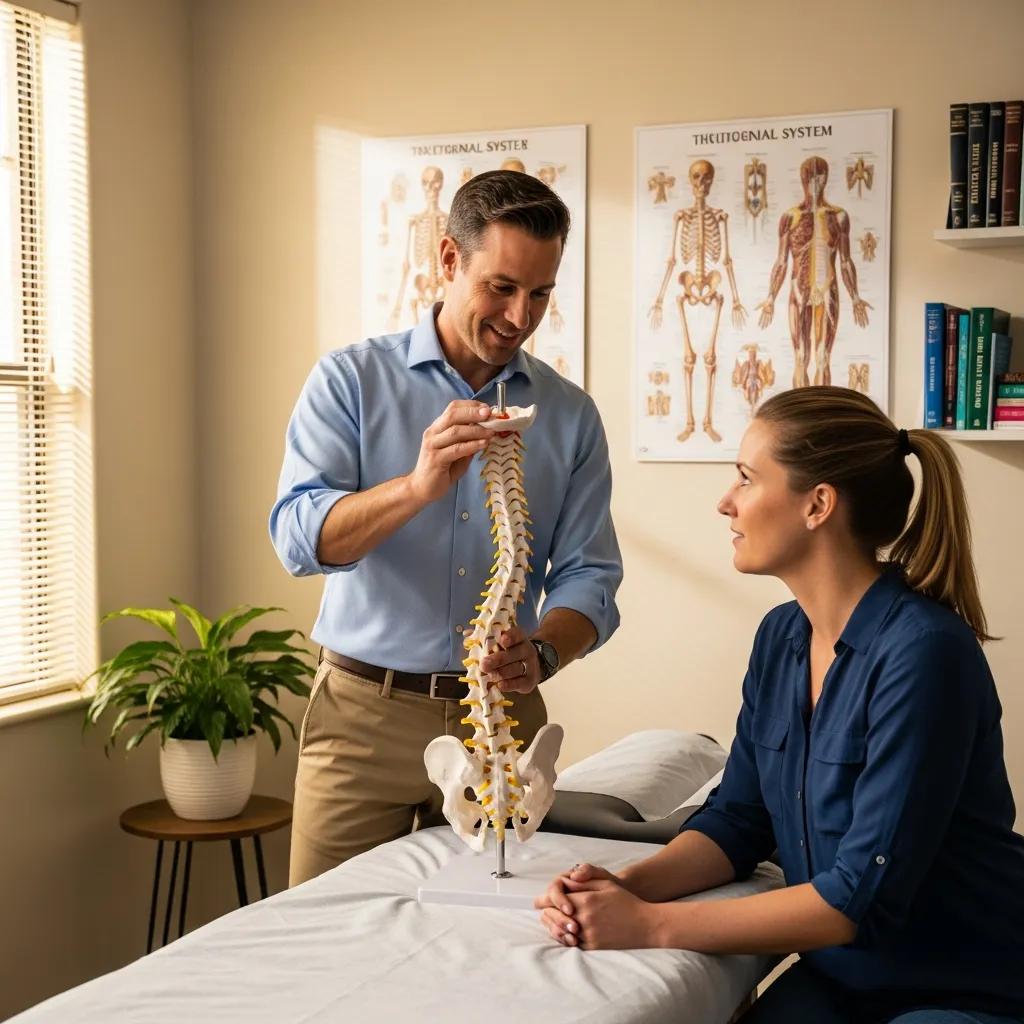 Chiropractor explaining spinal adjustments to a patient using a model spine