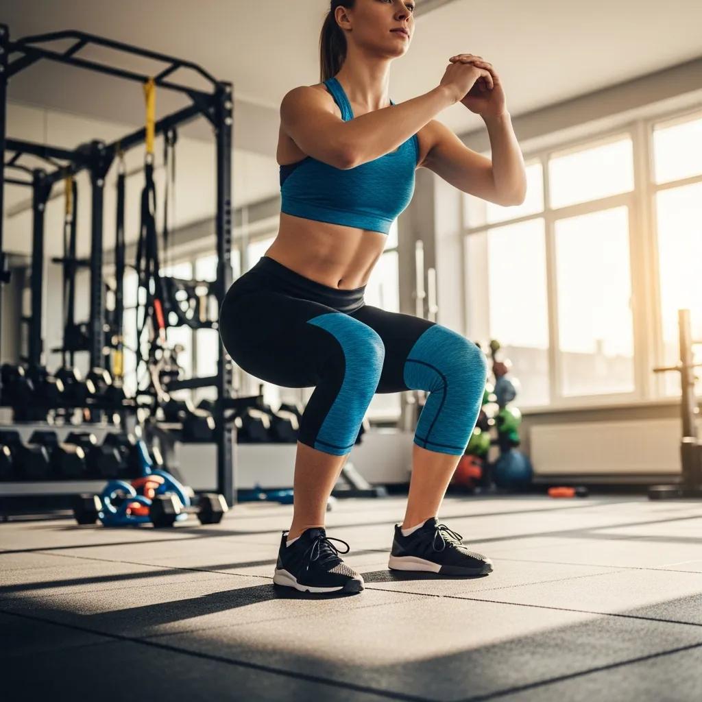 Fitness instructor demonstrating knee-strengthening exercises in a gym, promoting injury prevention and wellness