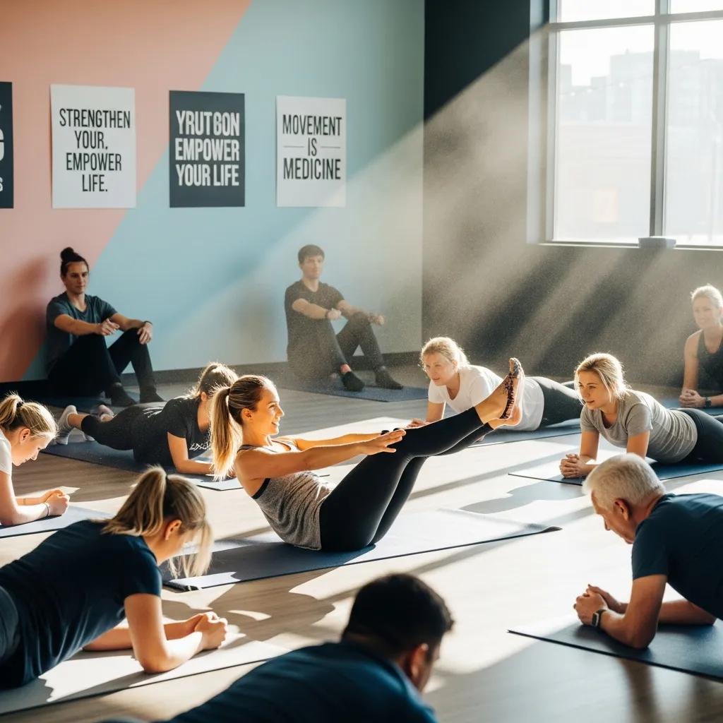 Group exercise class led by a chiropractor focusing on core strengthening and flexibility