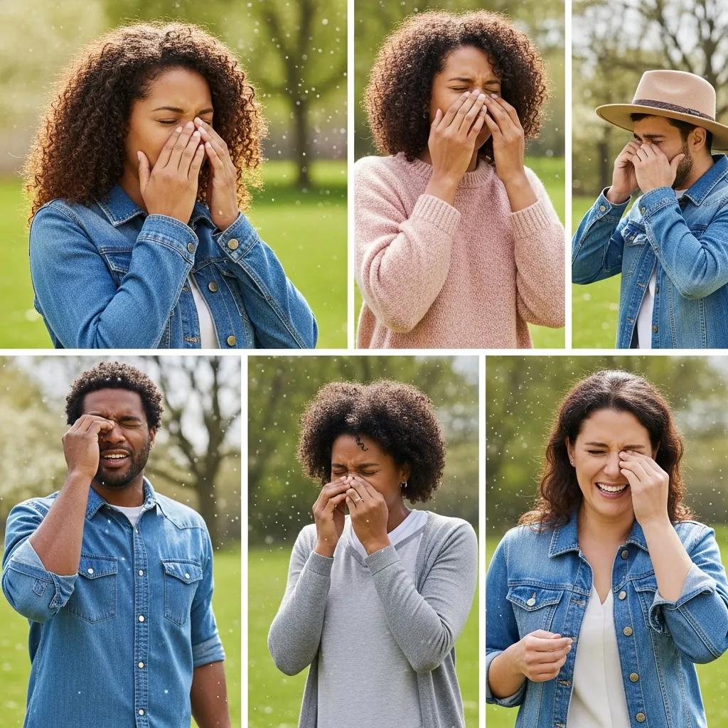 Group of diverse individuals in Edwardsville experiencing allergy symptoms outdoors