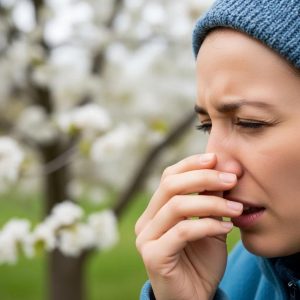 Person sneezing due to common allergy symptoms in a floral environment