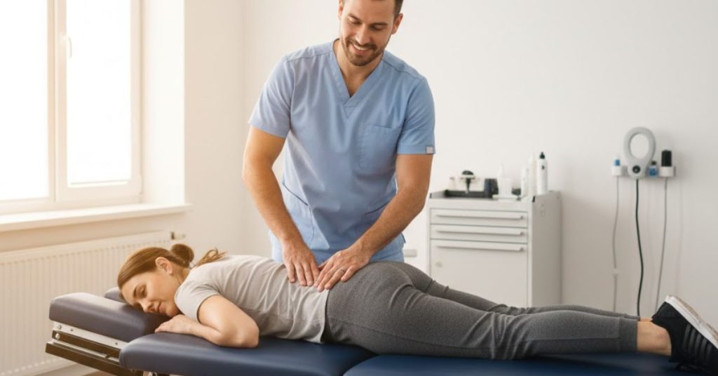 Chiropractor performing sciatica adjustment in Edwardsville IL