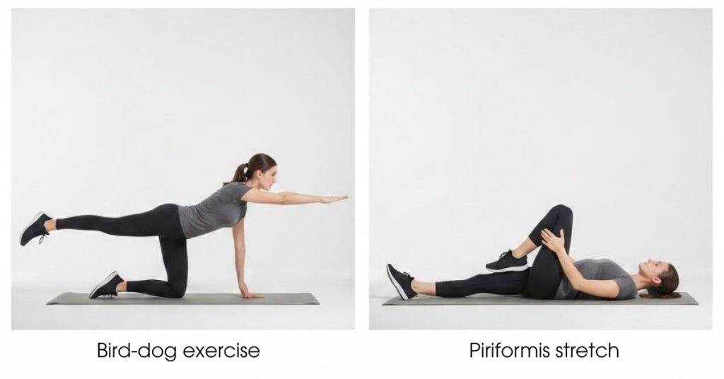 Exercises to relieve sciatica pain at home — bird dog and piriformis stretch