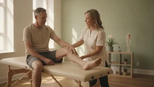 Chiropractor consulting with a patient about knee arthritis relief in a bright clinic