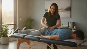 Chiropractor consulting with a patient in a bright modern clinic about disc pain relief