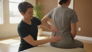 Chiropractor assessing hip pain from sitting too long at a wellness clinic
