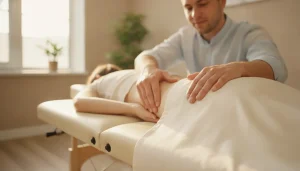 Chiropractor assessing a patient's lower back in a bright, welcoming clinic