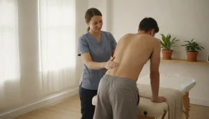 Clinician assessing movement linked to lower back pain when bending over causes