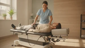 A chiropractor guiding a patient during a spinal decompression session on a modern traction table in a bright clinic