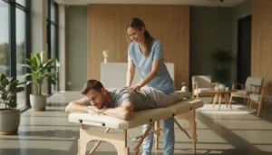 A chiropractor adjusting a relaxed patient in a bright, modern clinic