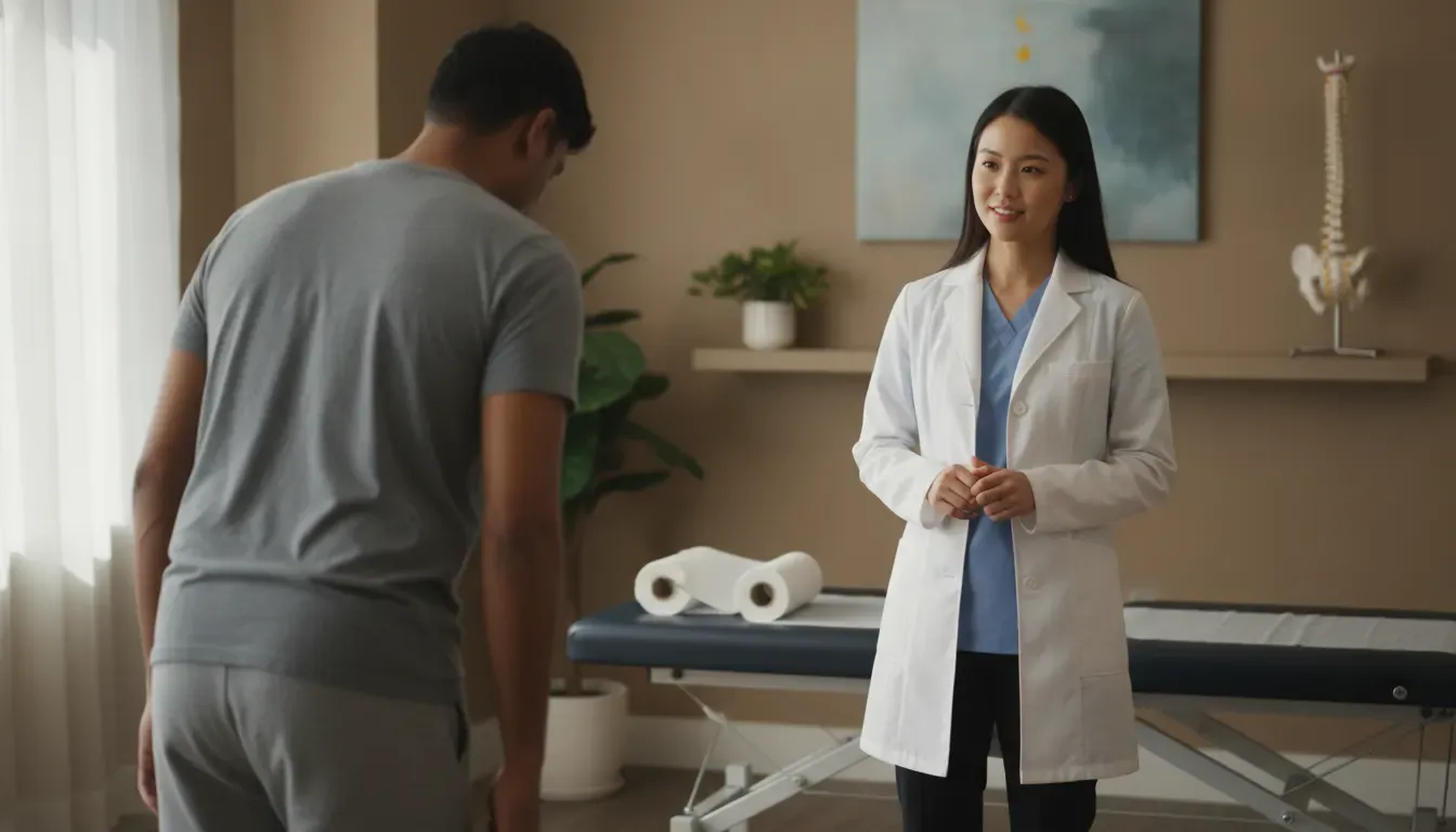 Patient preparing for a range of motion evaluation with a chiropractor near Belleville, Illinois