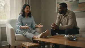 Patient discussing neuropathy symptoms and care options with a healthcare professional