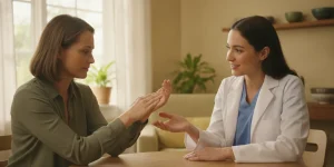 A patient discussing wrist and hand discomfort with a healthcare provider
