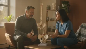Patient discussing hip pain and mobility options with a clinician