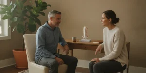 Adult discussing neck pain and recurring headaches with a chiropractor in a calm clinic setting