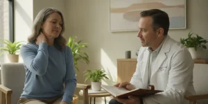 Clinician discussing a patient's neck and arm discomfort during an evaluation