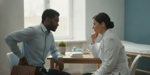 Worker discussing back discomfort and job tasks with a healthcare professional