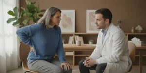 Adult discussing radiating leg pain with a clinician in a calm care setting
