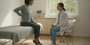 Adult discussing back and leg symptoms with a clinician in an exam room