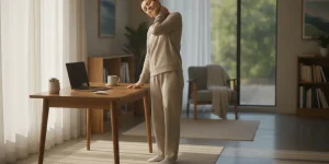 Adult seated at a desk gently stretching the neck beside a window