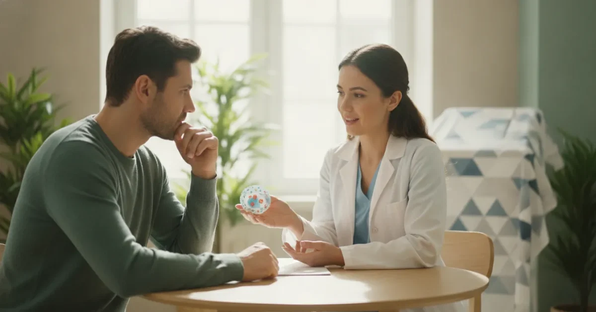 Clinician discussing allergy testing with a patient in a bright clinic