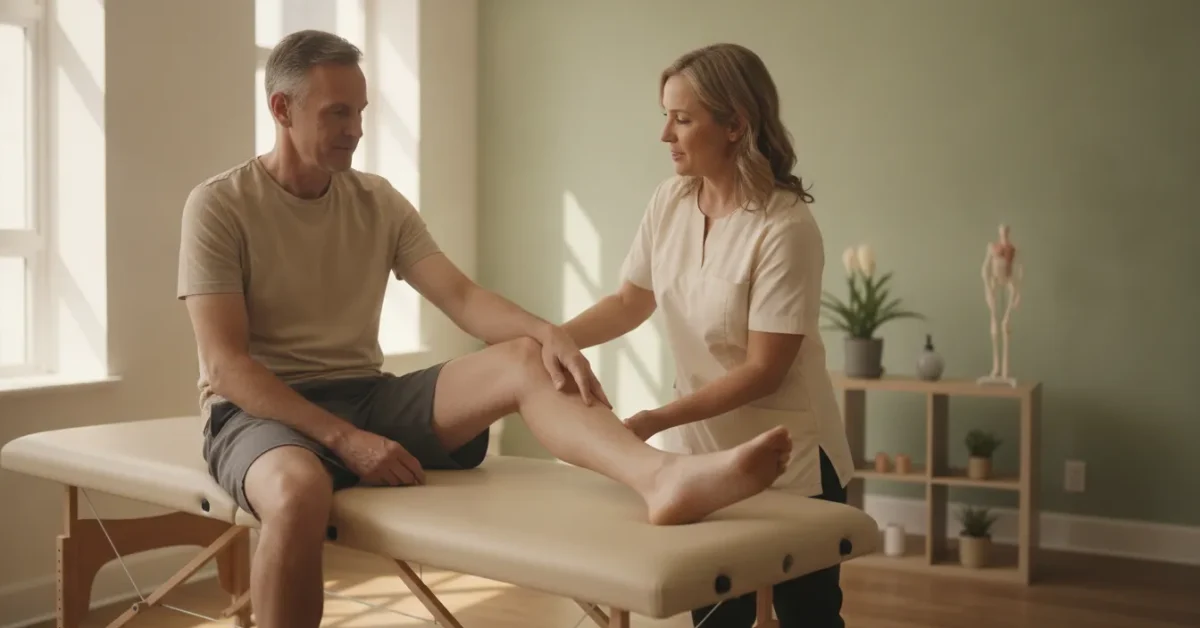 Chiropractor consulting with a patient about knee arthritis relief in a bright clinic