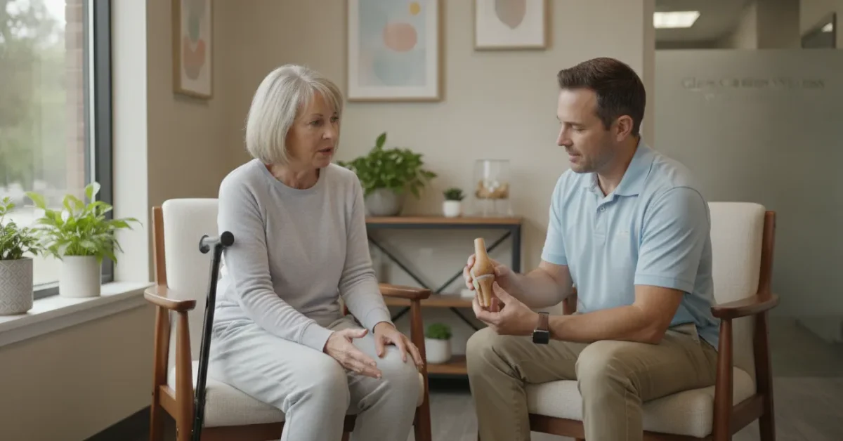Patient discussing arthritis-related joint pain and mobility with a healthcare professional