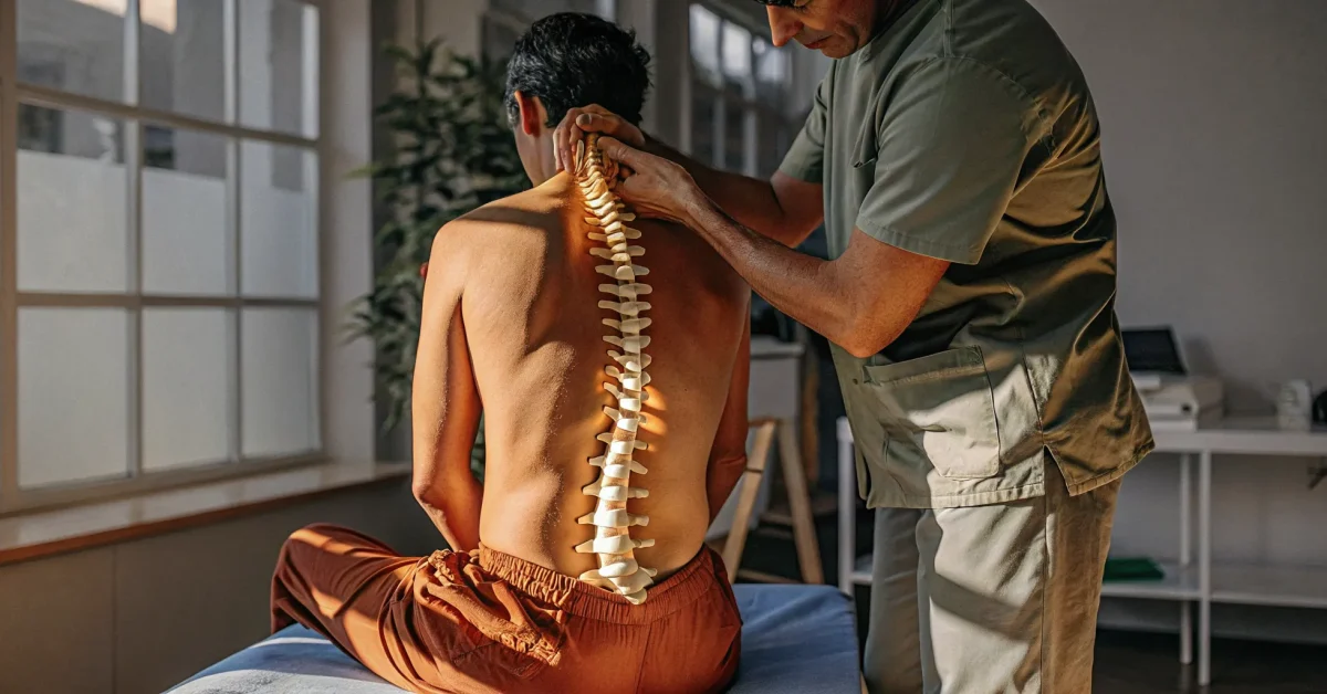 Chiropractor gently adjusting a patient in a bright, modern treatment room