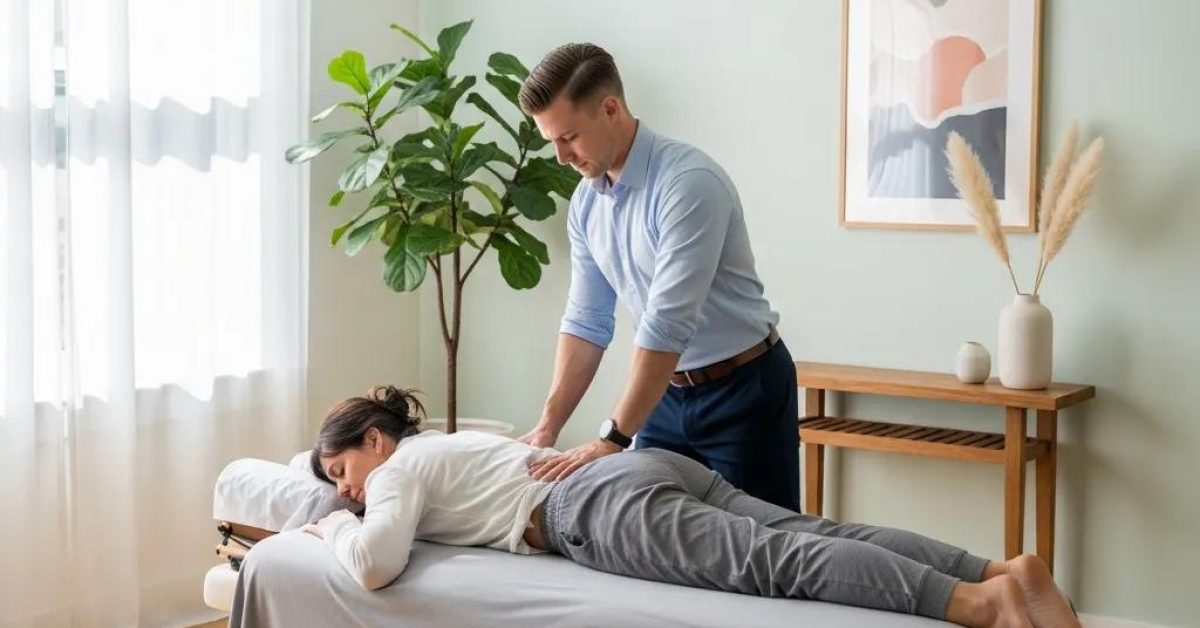 Chiropractor adjusting a patient's back in a calming clinic environment