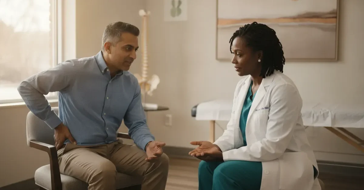 Belleville area patient discussing back pain with a chiropractor in a bright clinic