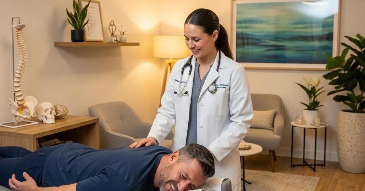 Chiropractor consulting with a patient in a welcoming clinic environment