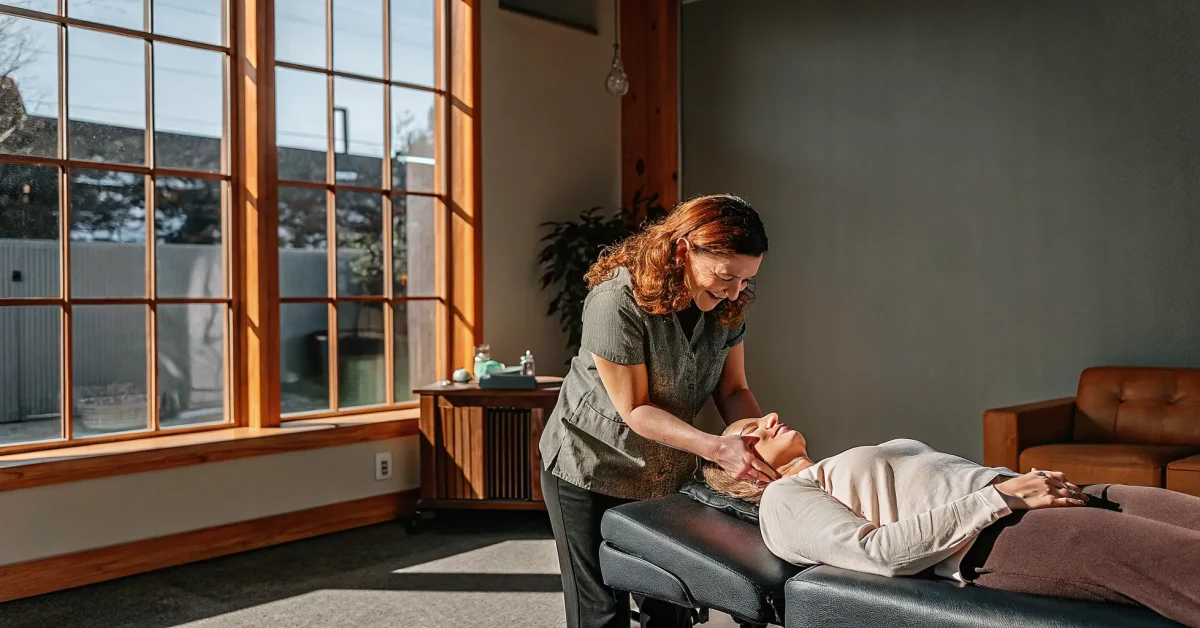 Chiropractor in a modern wellness clinic gently assessing a relaxed patient's neck and spine posture on a treatment table