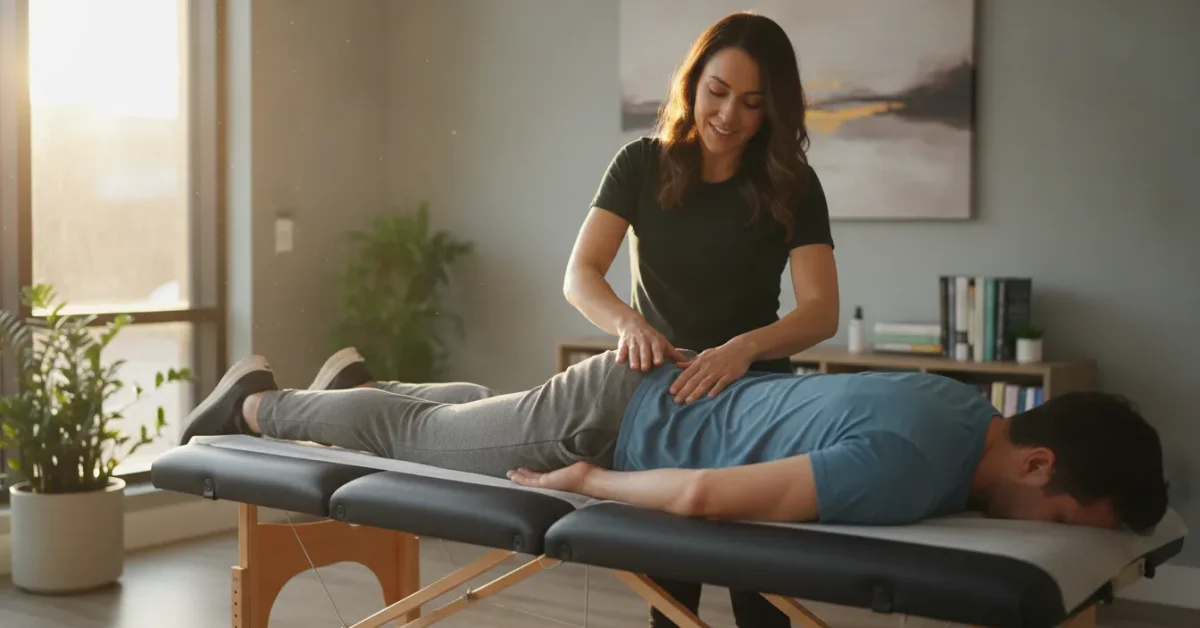 Chiropractor consulting with a patient in a bright modern clinic about disc pain relief