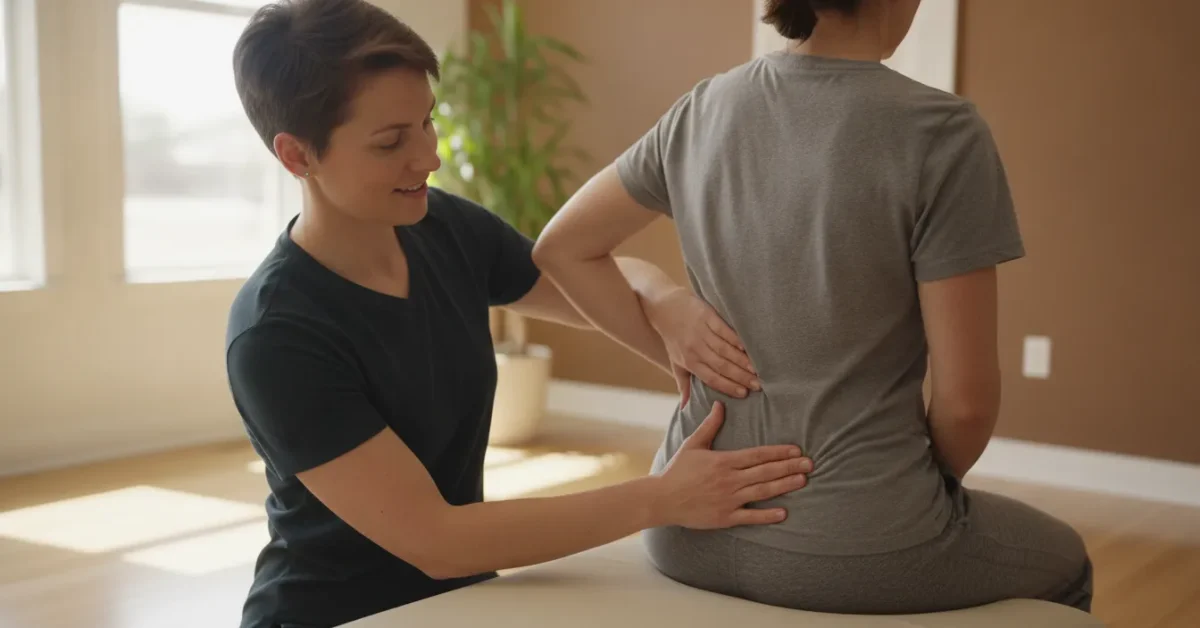 Chiropractor assessing hip pain from sitting too long at a wellness clinic