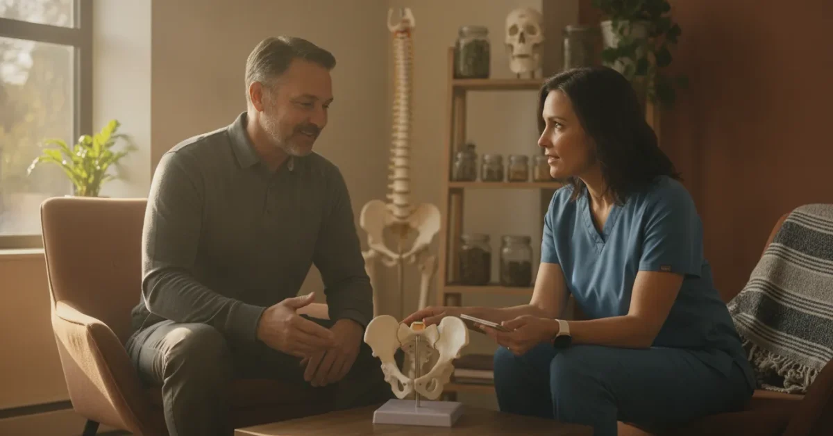 Patient discussing hip pain and mobility options with a clinician