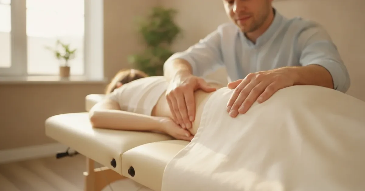 Chiropractor assessing a patient's lower back in a bright, welcoming clinic