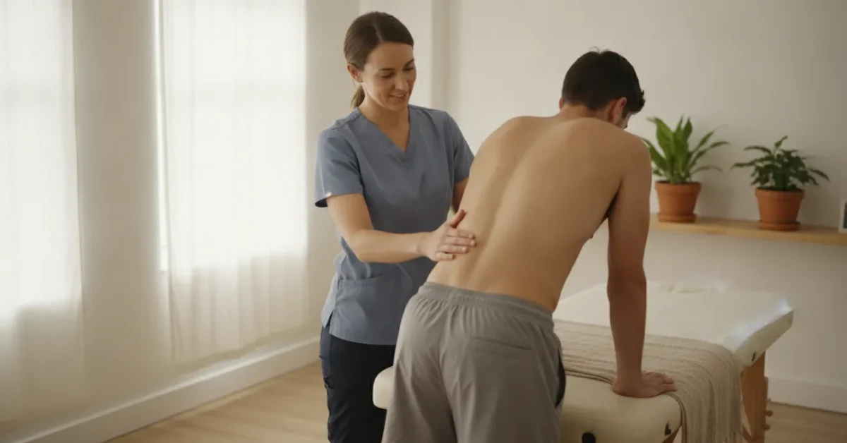 Clinician assessing movement linked to lower back pain when bending over causes