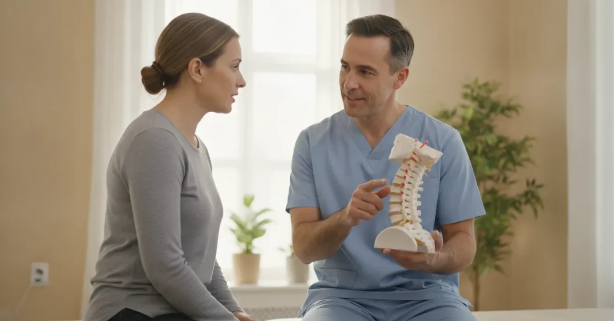 Patient discussing neck pain with a chiropractor in a bright clinic