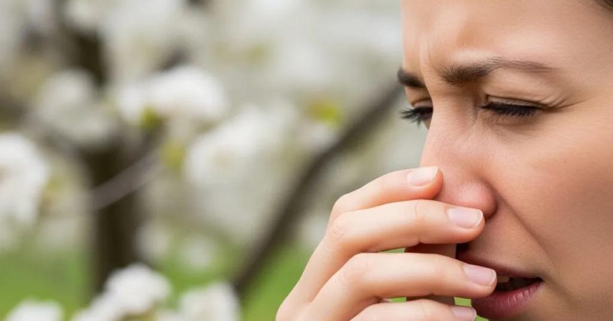 Person sneezing due to common allergy symptoms in a floral environment