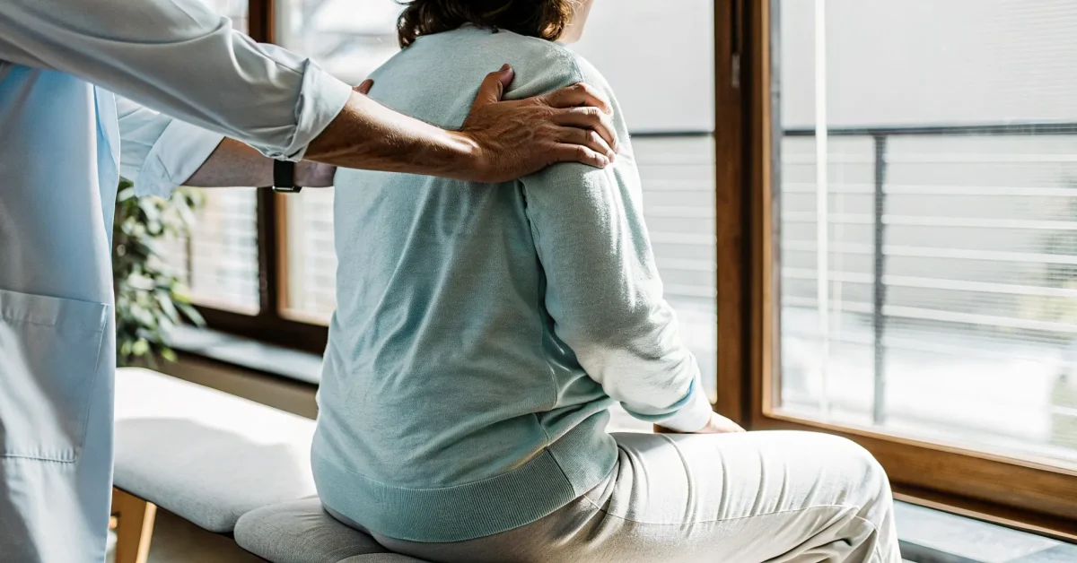 Chiropractor guiding a patient through a gentle stretch for sciatica nerve pain relief in a bright clinic