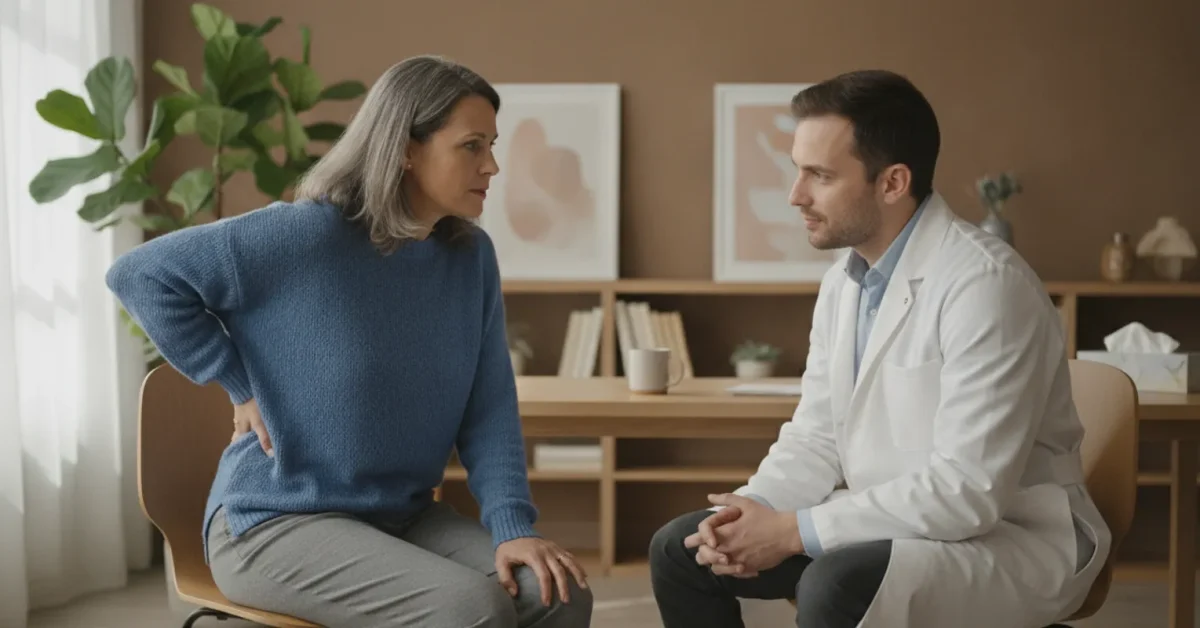 Adult discussing radiating leg pain with a clinician in a calm care setting