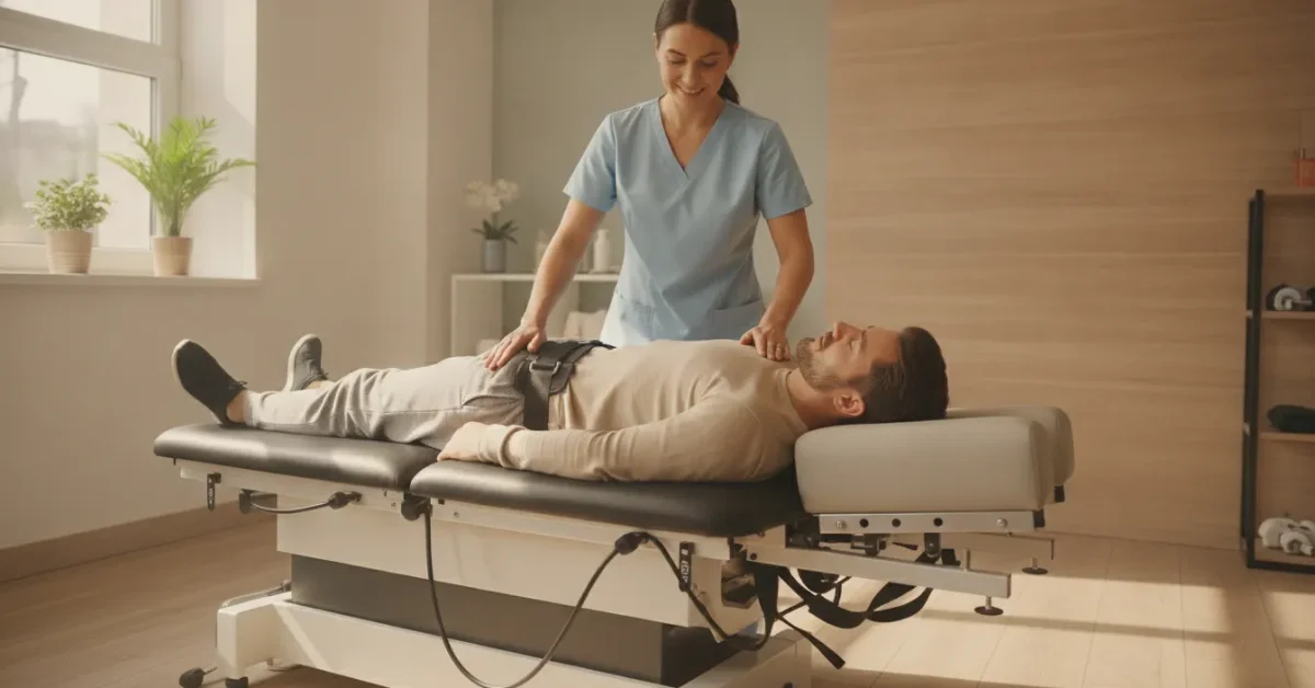 A chiropractor guiding a patient during a spinal decompression session on a modern traction table in a bright clinic