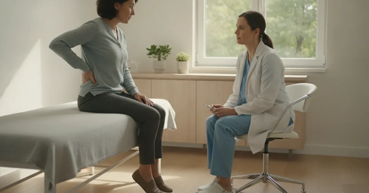 Adult discussing back and leg symptoms with a clinician in an exam room