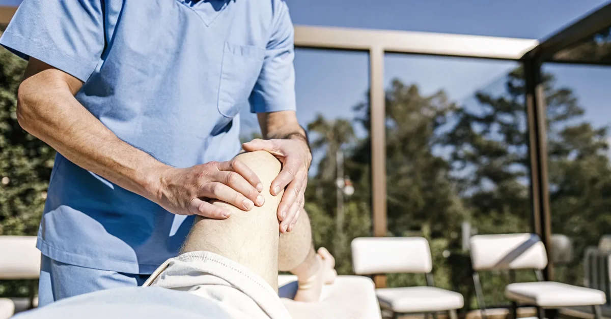Chiropractor in a modern clinic gently examining a middle-aged patient's knee during a consultation