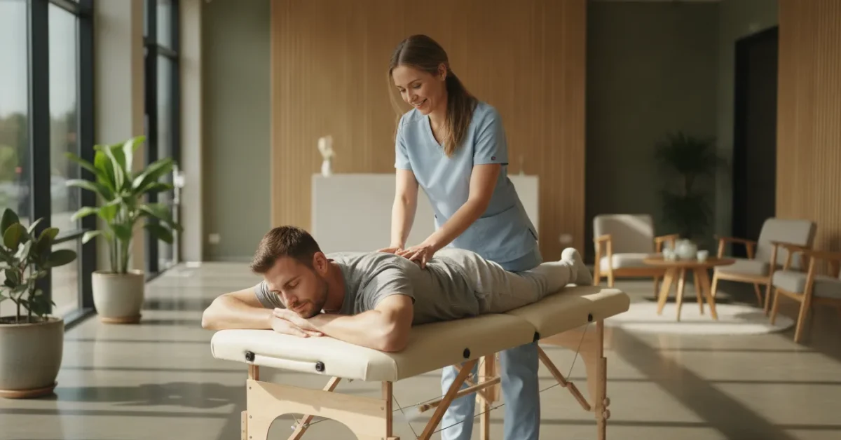 A chiropractor adjusting a relaxed patient in a bright, modern clinic