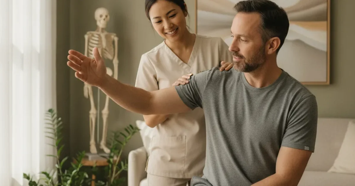 Clinician evaluating a patient's joint movement for regenerative medicine for joint pain