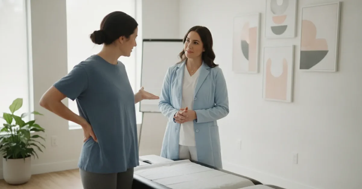 Athlete speaking with a clinician about back discomfort after exercise
